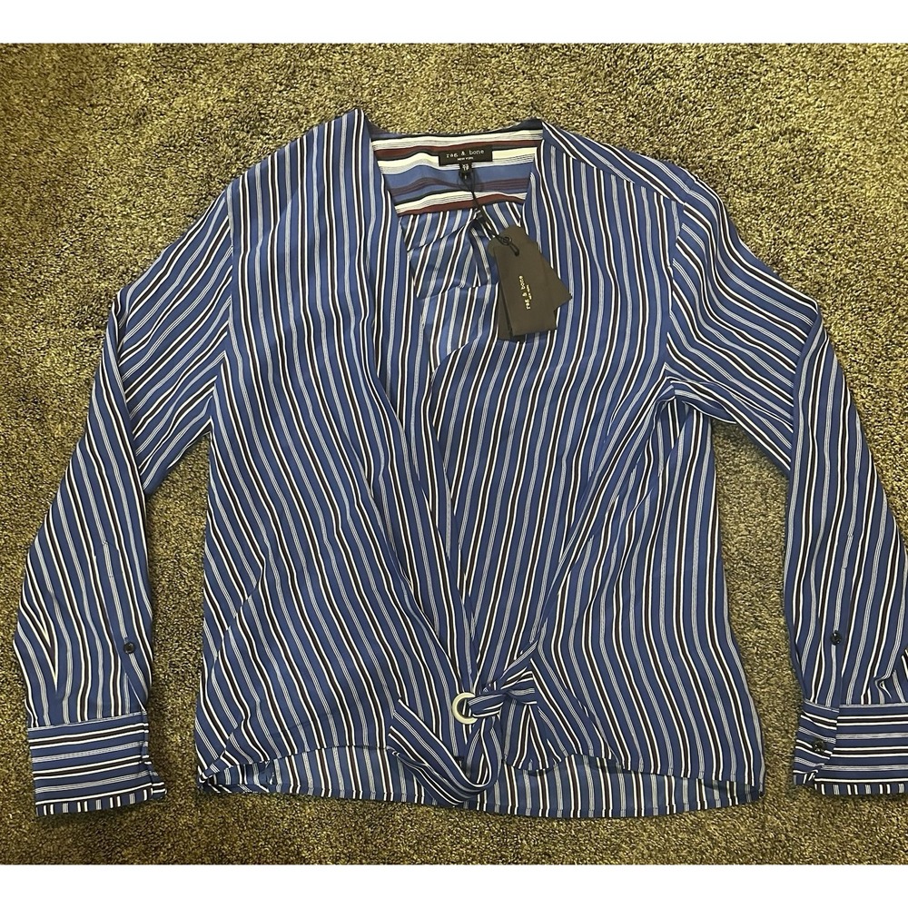 Rag & Bone Felix Top L Womens Blue Stripe Wrap Popover Long Sleeves‎ Silk